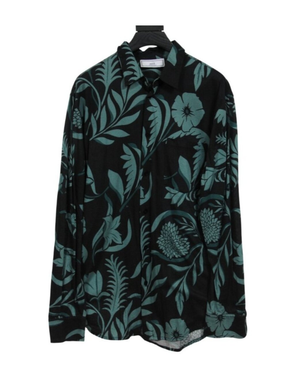 Ami Mens Floral Button Down Large Black Green Cotton
